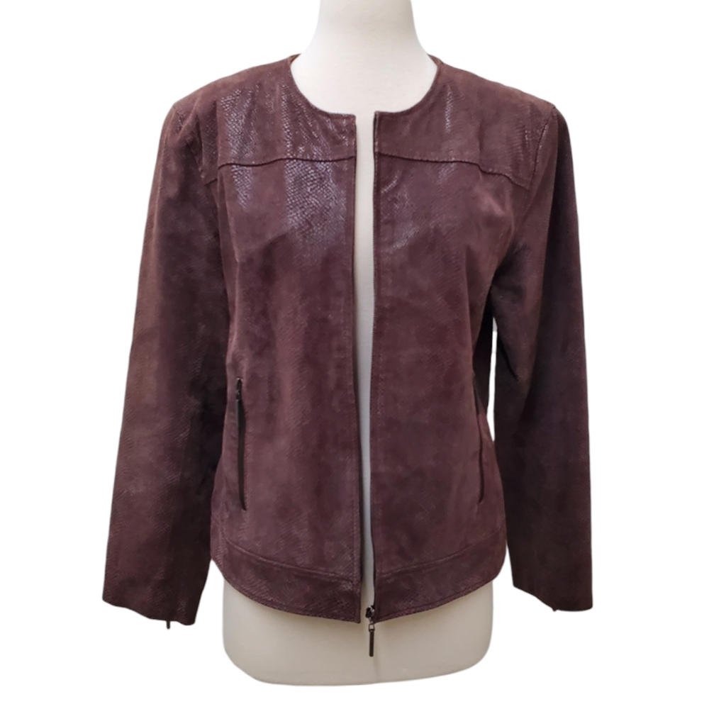 Terry Lewis Leather Classic Luxuries Blazer Jacket Zip Front Brown Sz M